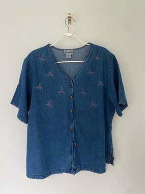 Embroidered Denim Button-Front Top